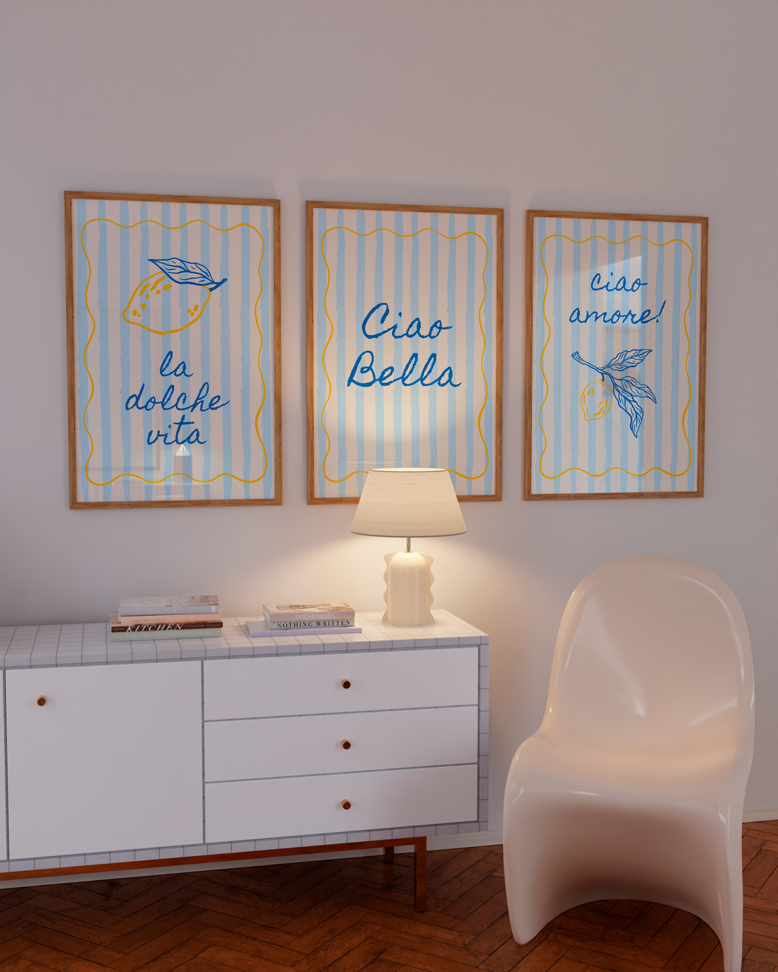 Retro printable poster with lemon and blue stripes, styled for Italian kitchen wall art