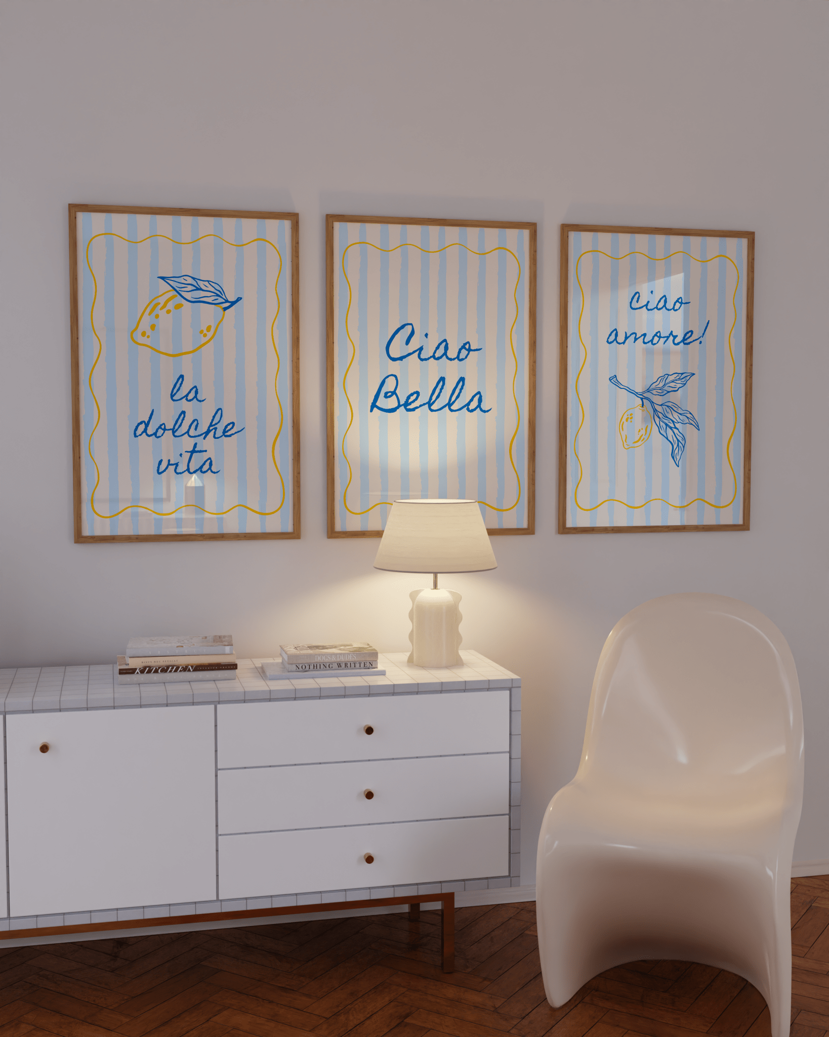 Retro printable poster with lemon and blue stripes, styled for Italian kitchen wall art