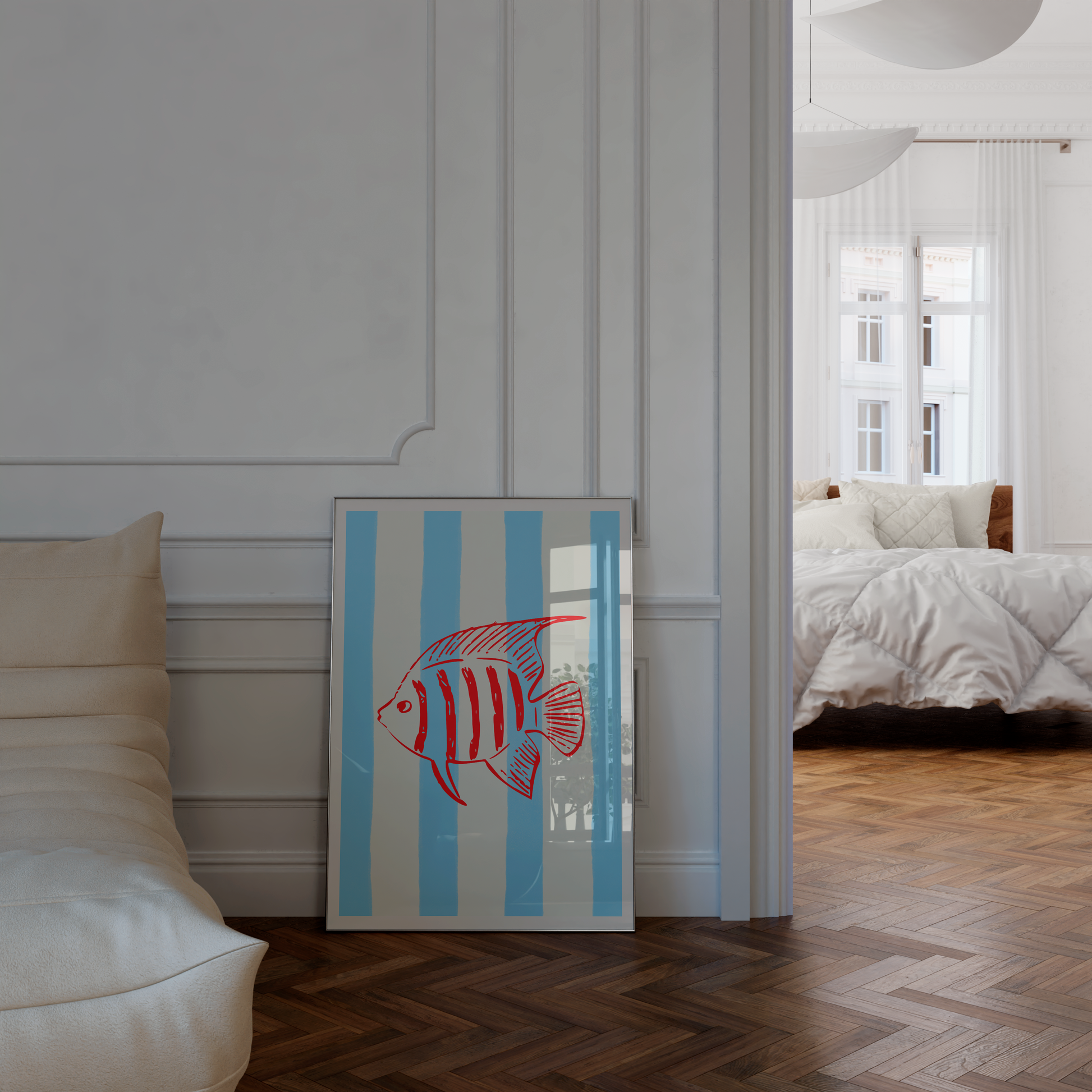 Preppy beach aesthetic poster of a red bikini drying on a clothesline, ideal for summer dorm decor.