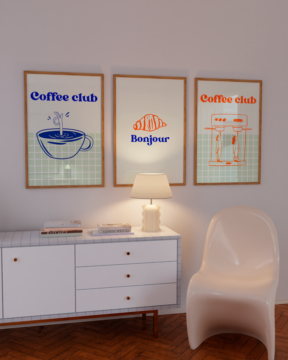 Hand-drawn coffee cup poster in blue and mint grid background