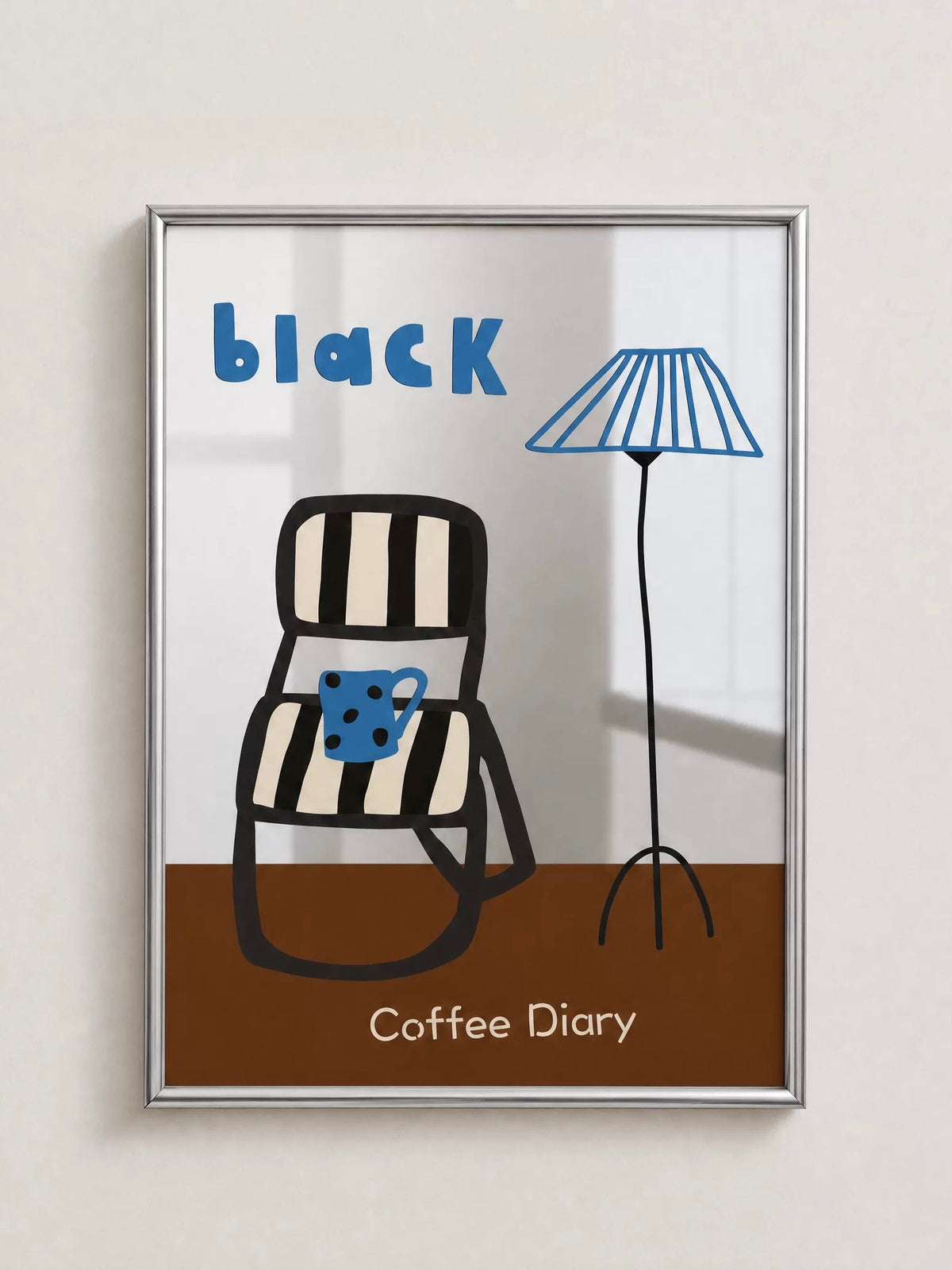 The Coffee Diary illustrated mirror has a black chair, a blue mug and lamp, and a brown panel along the bottom.