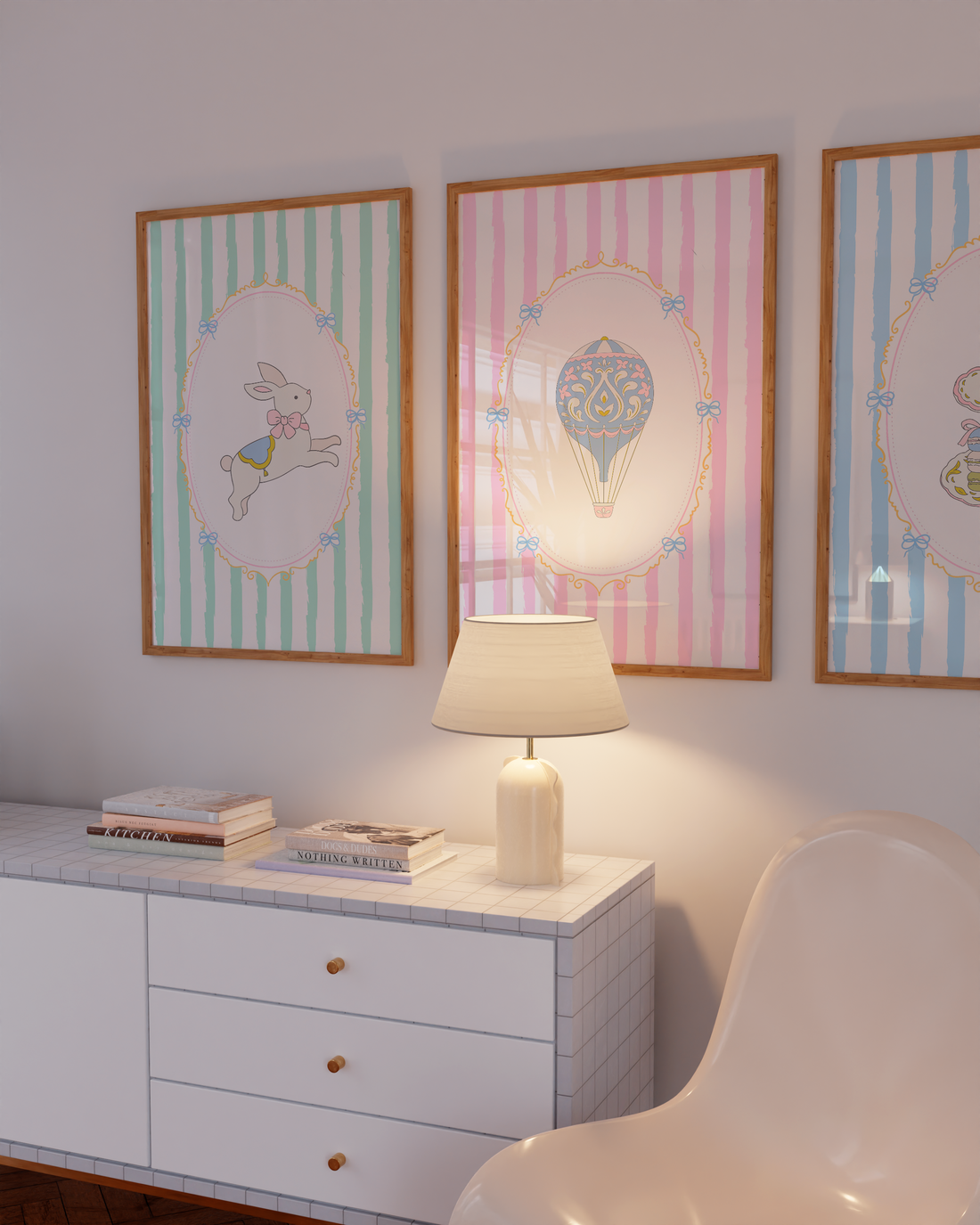 Pastel bunny and hot air balloon poster set in candy stripes
