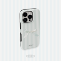 Phone case with striped design and bow on a light blue background