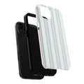 Girl holding a preppy mint & pink striped case, showcasing the soft‑girl vibe and cottagecore charm.


