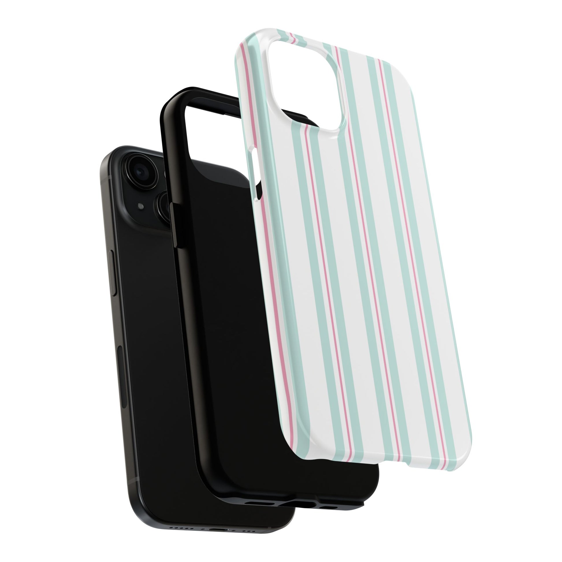 Girl holding a preppy mint & pink striped case, showcasing the soft‑girl vibe and cottagecore charm.

