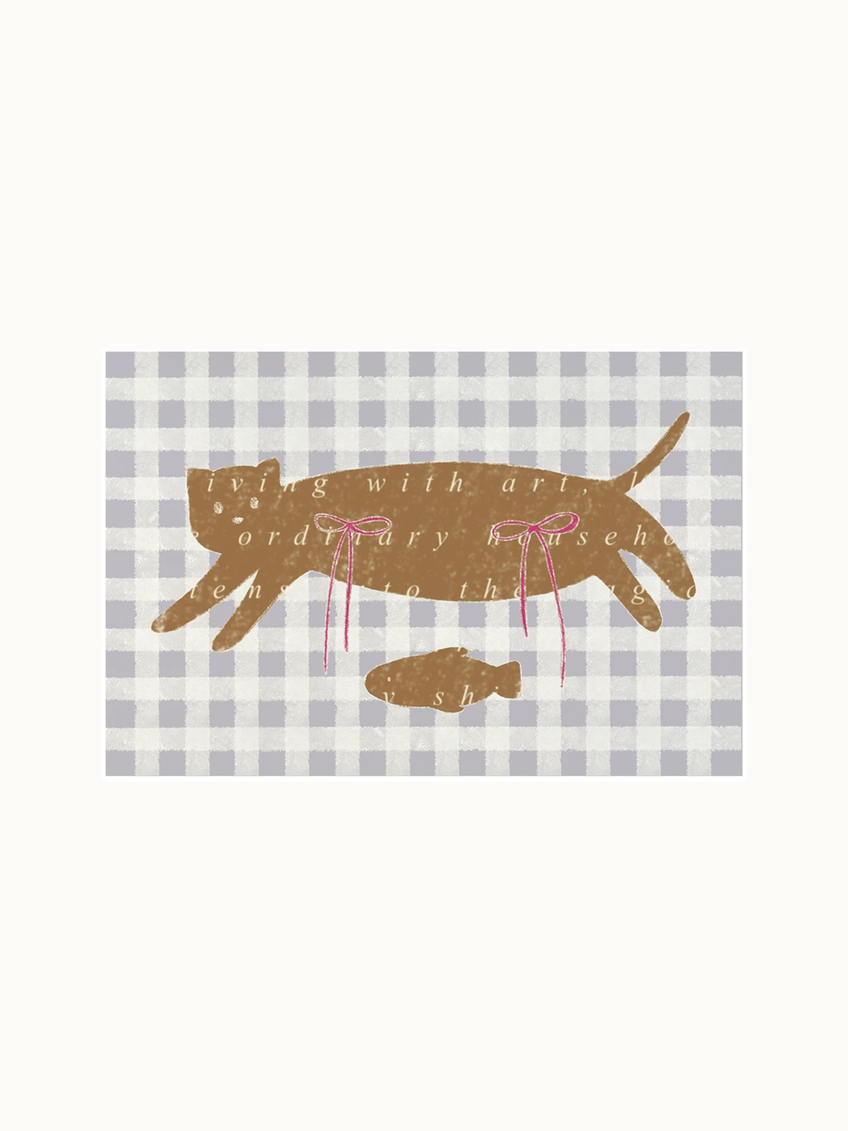 A Coquette doormat shows a brown cat and small fish with pink bows against purple and white gingham.