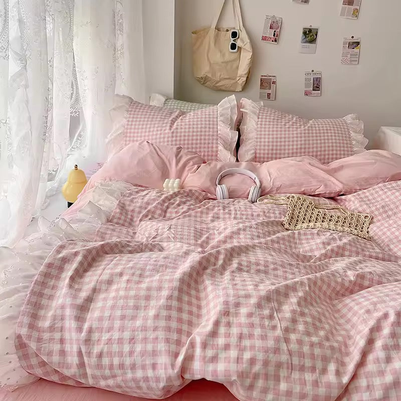 Aesthetic morning routine scene with coffee on ruffled gingham bed