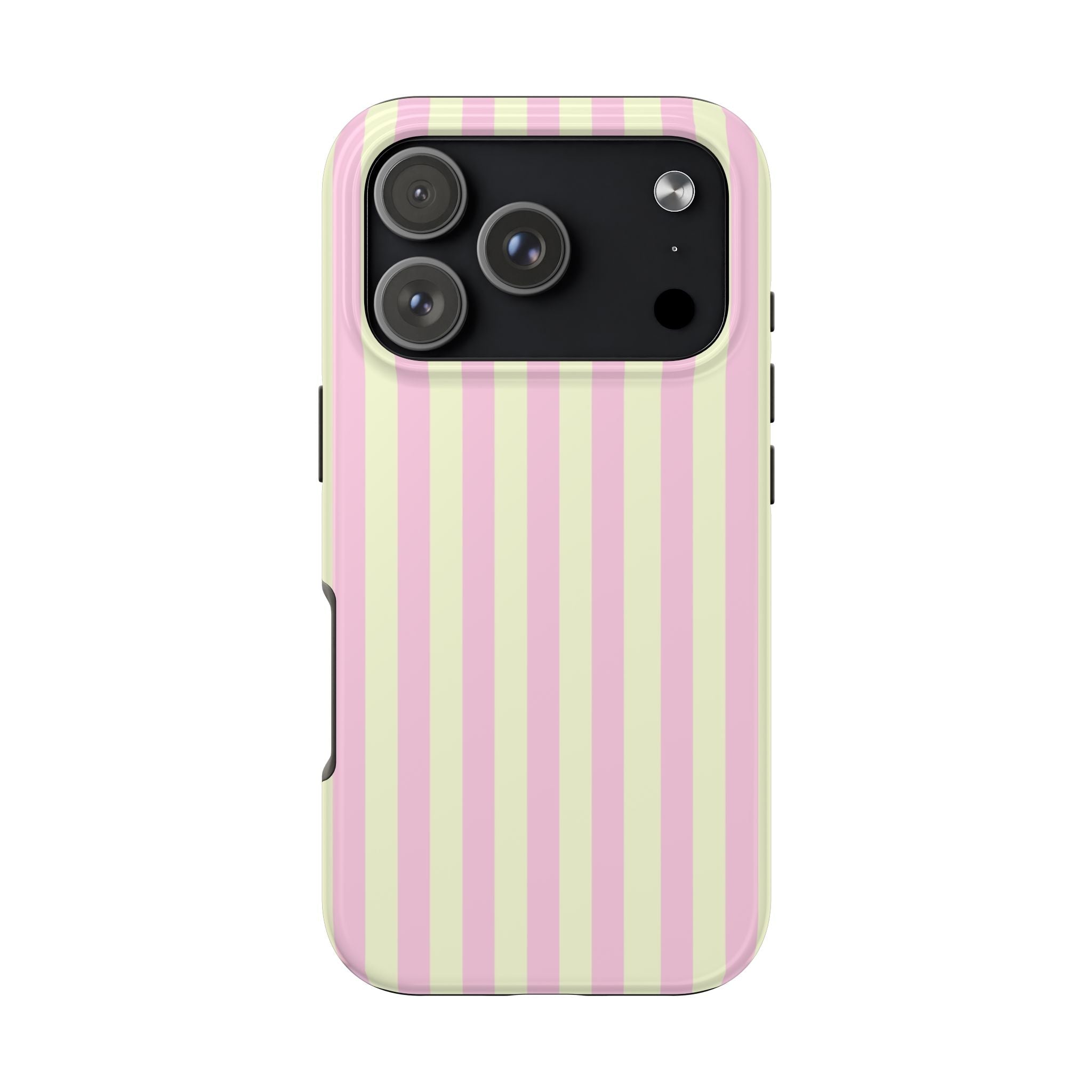 Phone case with pink and yellow vertical stripes on a white background