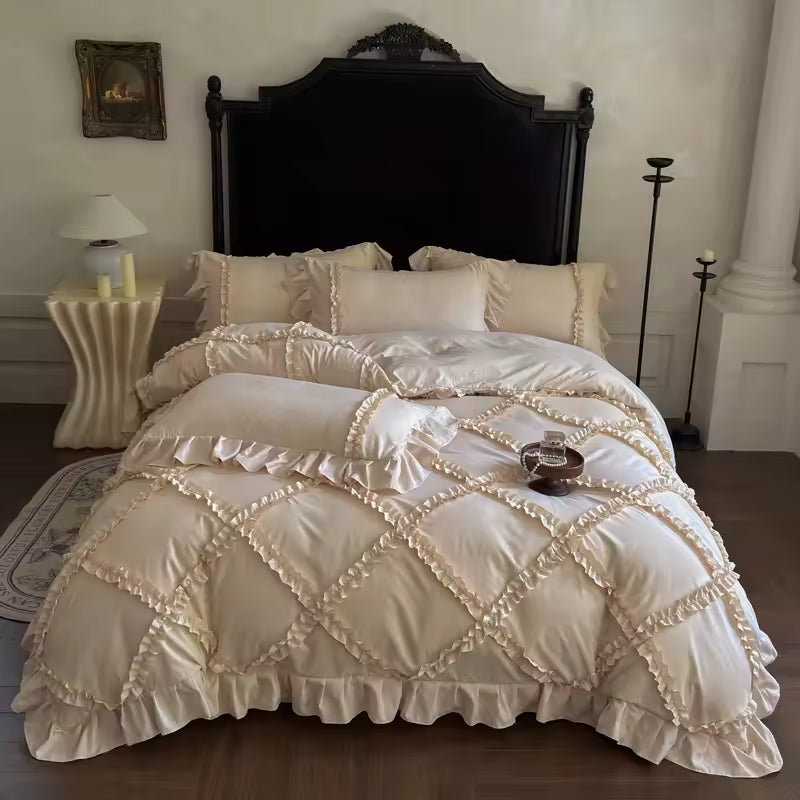 High-end ruffle duvet cover set styled in a French country bedroom.