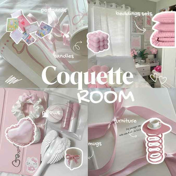 Collage of pink bedroom items with 'Coquette Room' branding.