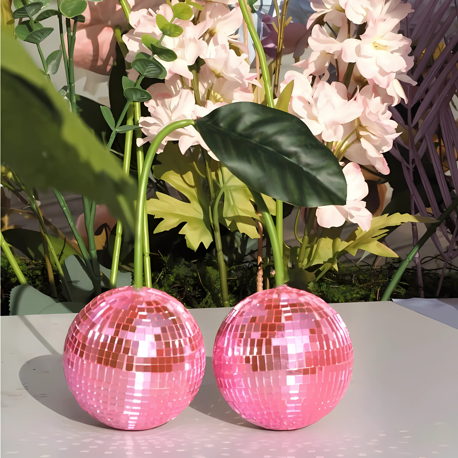 Vanity mirror surrounded by pink cherry decor