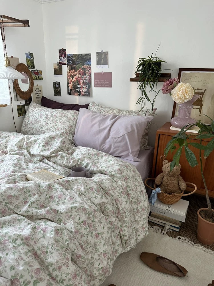 Rose print duvet cover enhancing feminine bedroom decor with soft botanical details and classic cottage inspired elegance daily.