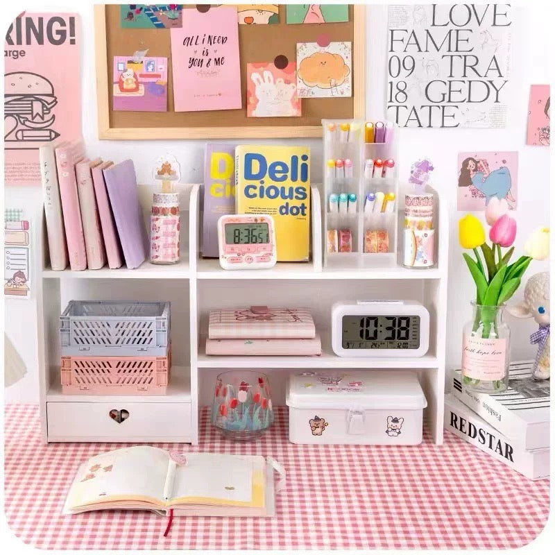 Compact desktop organizer for stationery and cosmetics with a heart-shaped drawer and sleek modern design