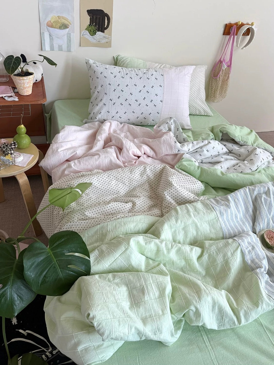 Cottagecore patchwork duvet cover set with a green sheet and pink accents