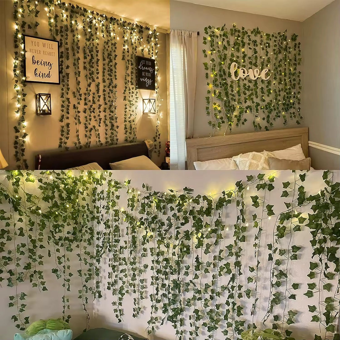 LED string garland styled above a bed frame for dreamy cottagecore ambiance.