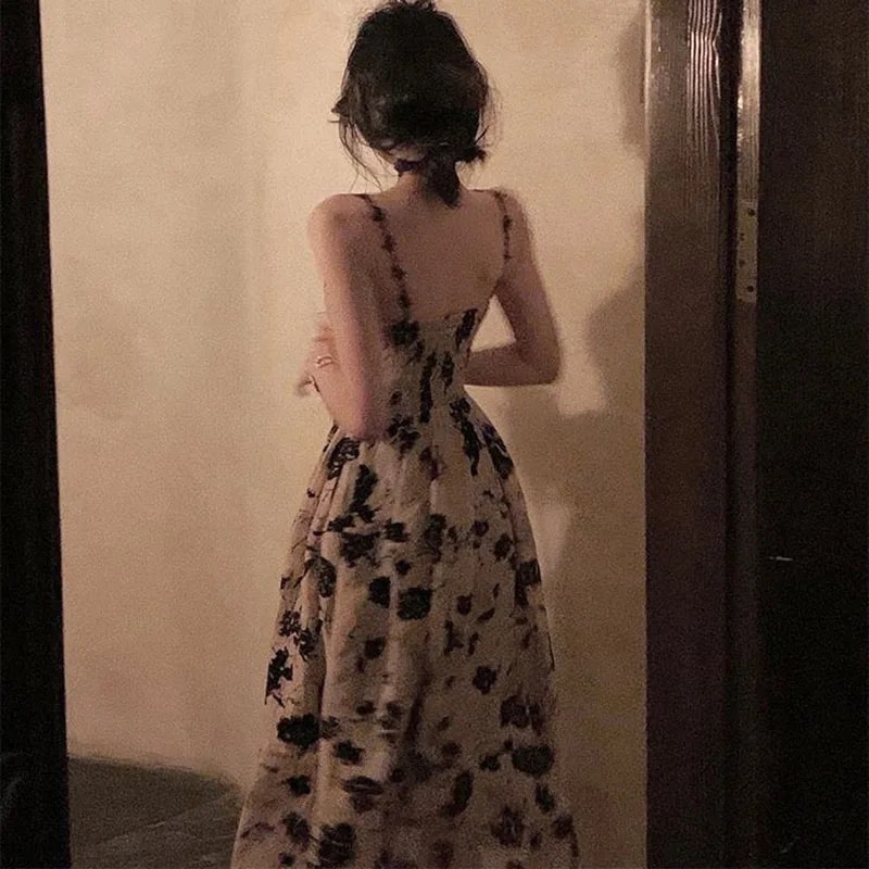 Aesthetic Cottagecore Floral Midi Dress with Adjustable Straps