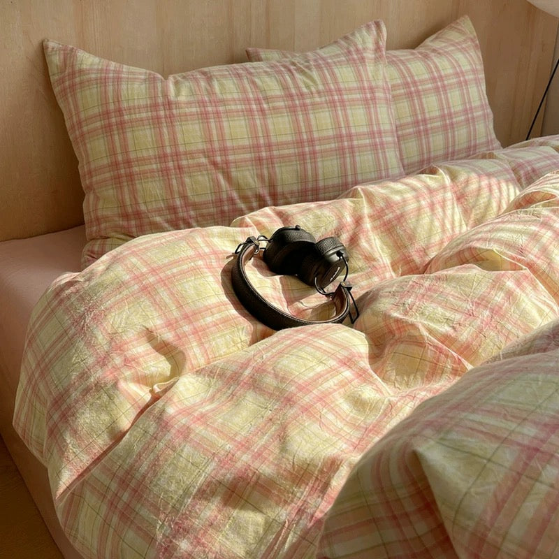 grid plaid cotton duvet cover and pillowcases on modern minimalist bedroom bed setup