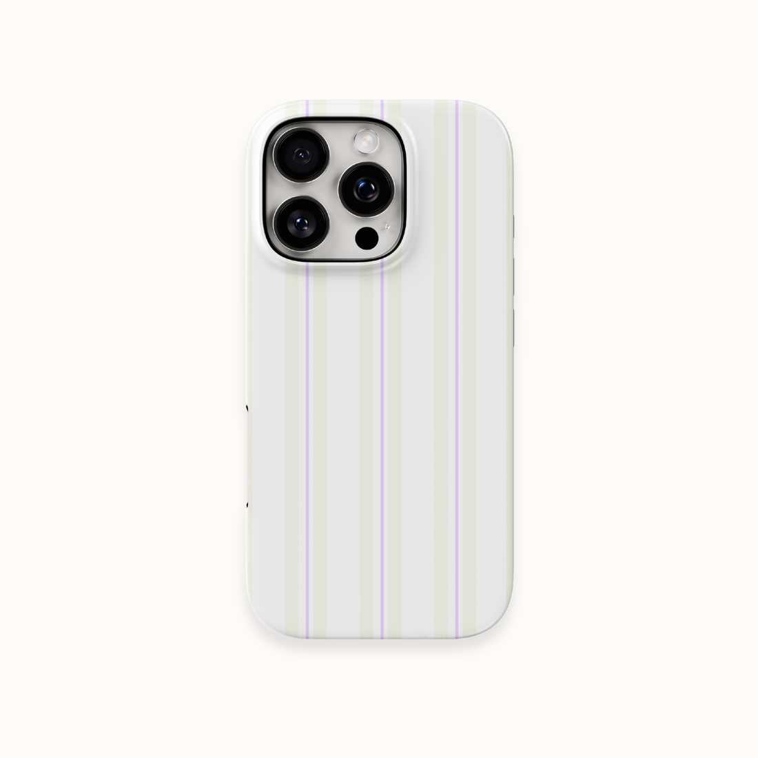 A white phone case with vertical pastel stripes in light purple, beige, and green, shown on a light off-white background.