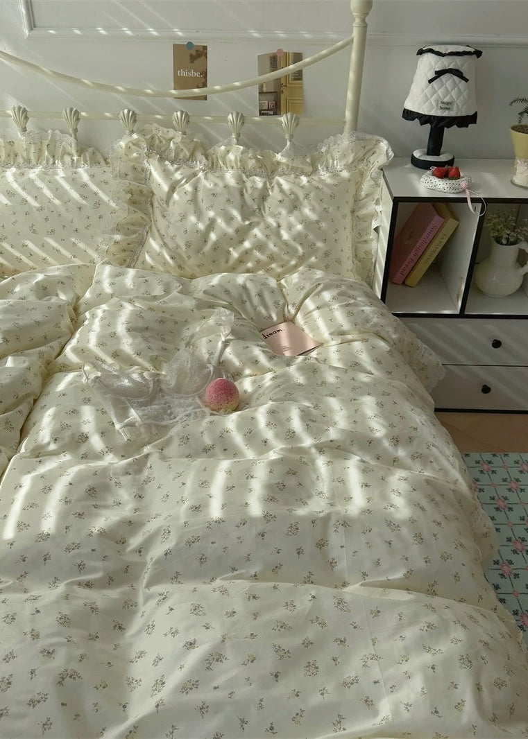 Bed with floral-patterned bedding in a softly lit bedroom.