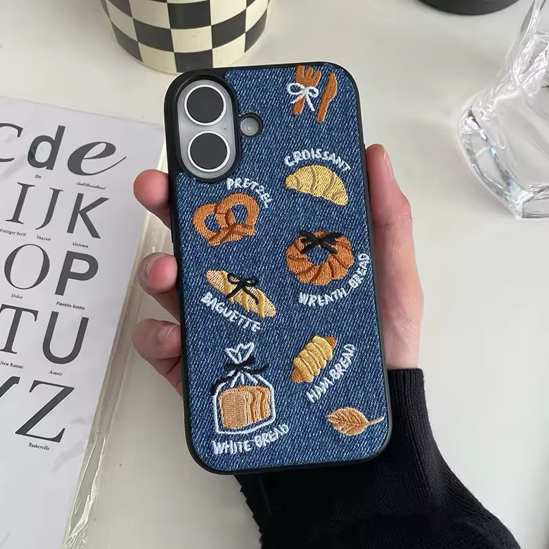 Cute toast and bread embroidery on fabric phone case
