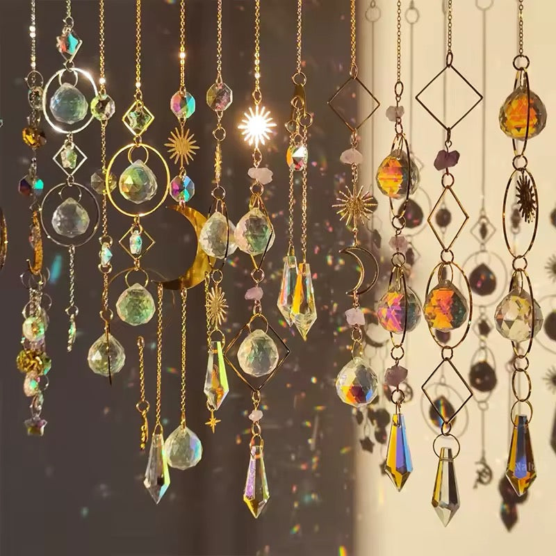 Crystal Moon Suncatcher with gold chain and rainbow prism