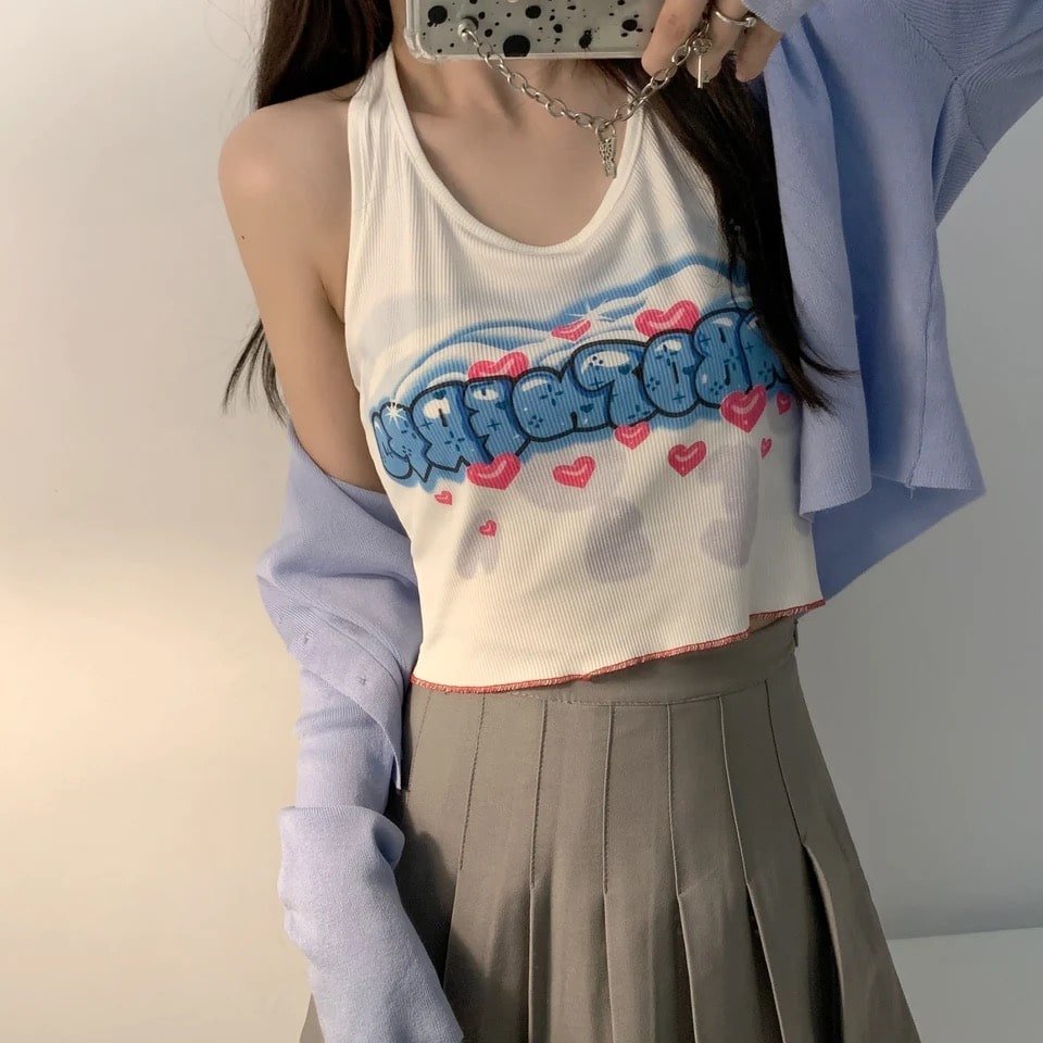 Sweet heart printed Y2K Korean halter top with hanging neck design. Stylish bandage crop top for casual and hip-hop streetwear.