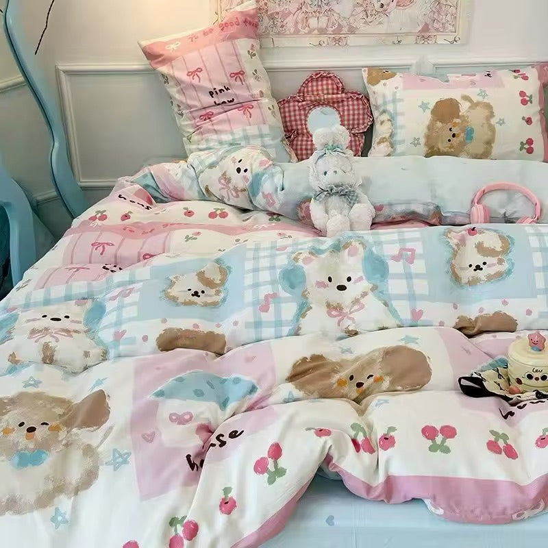 Twin size bed adorned with Kawaii Puppy Bedding Set featuring cartoon dog prints.