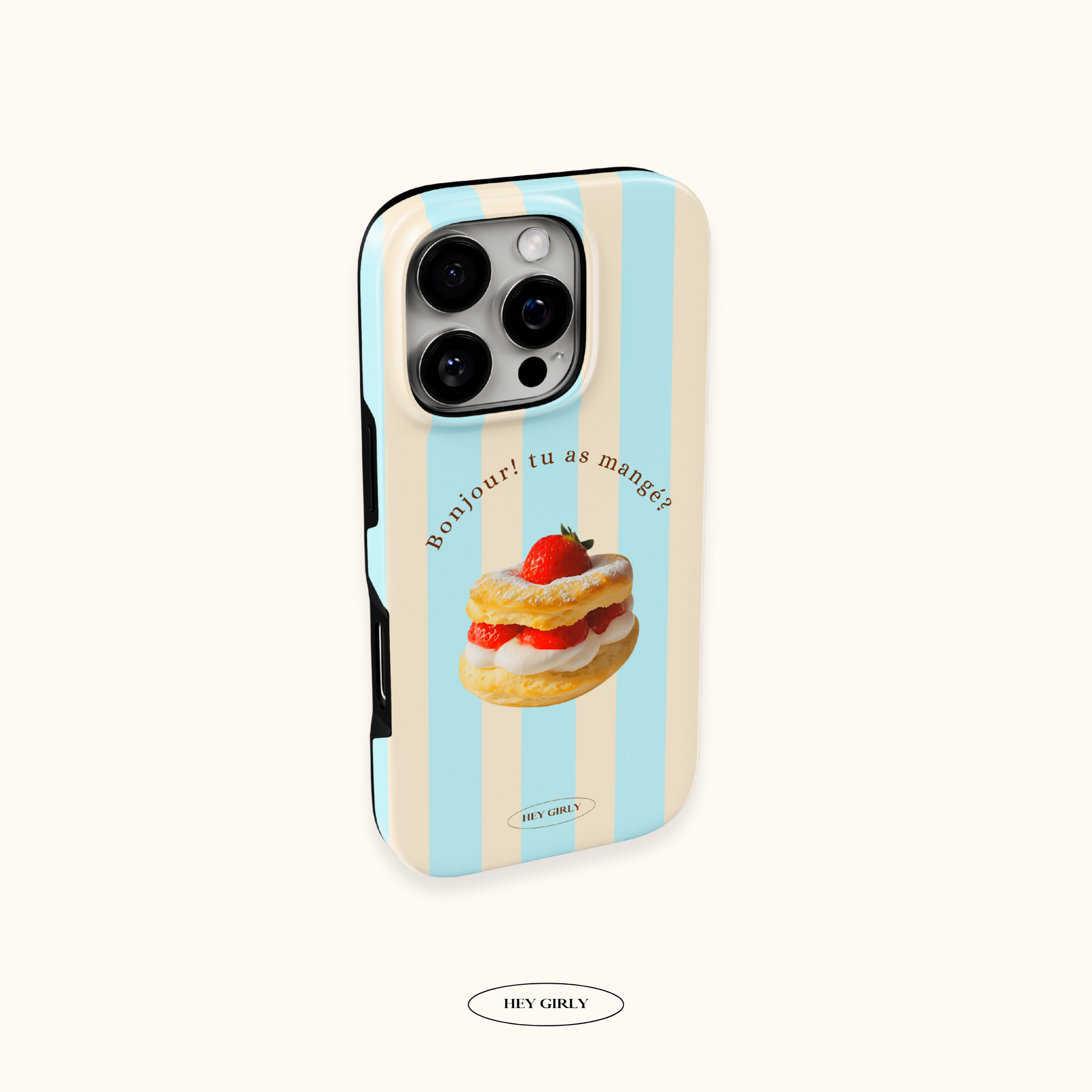 Phone case with a strawberry shortcake design and text on a light blue background