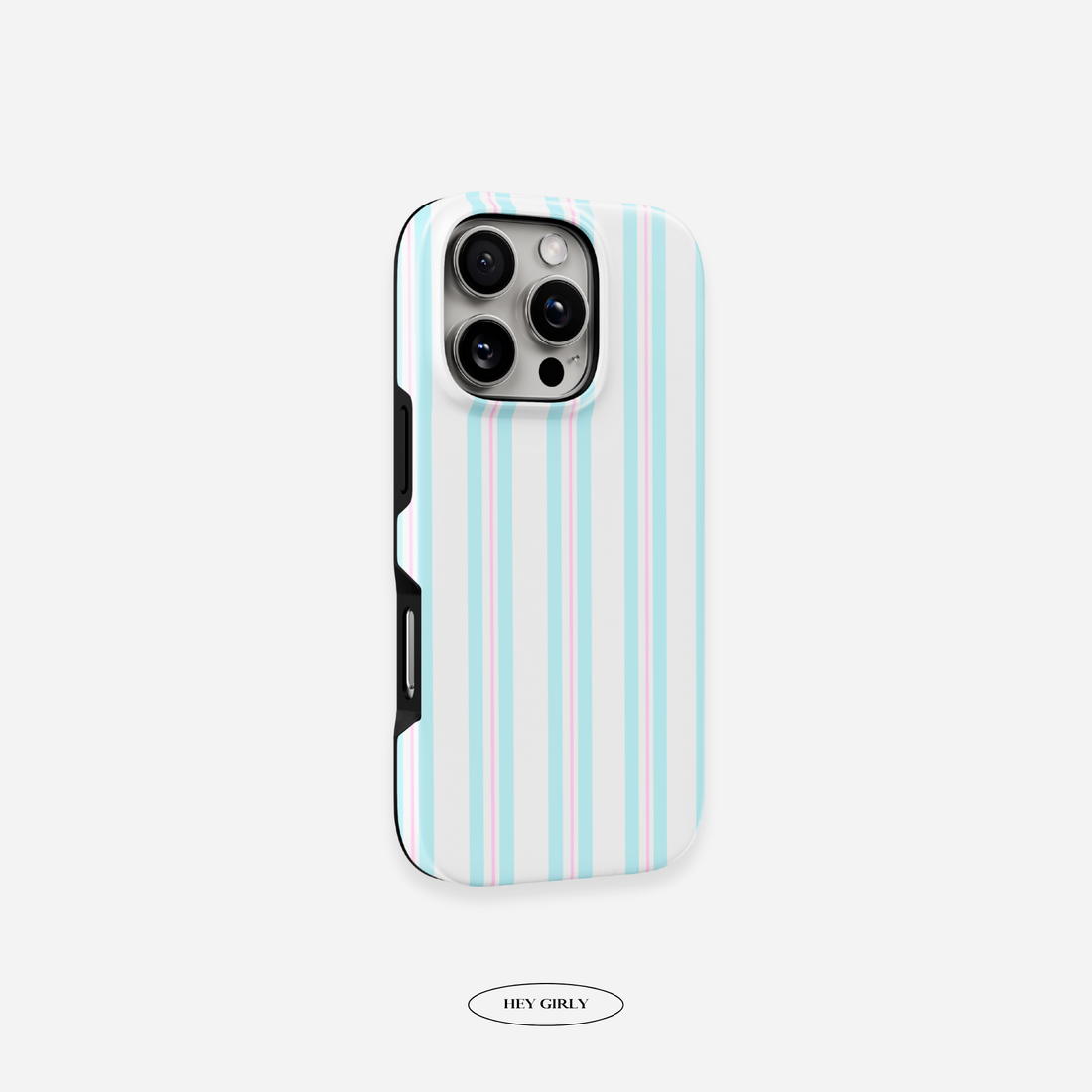 Phone case with blue and pink vertical stripes on a white background