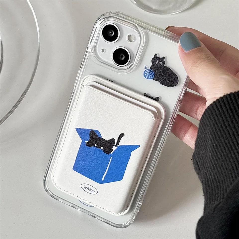 Y2K Cat iPhone Case with wallet and Magsafe compatibility. Soft silicone protective cover for iPhone 15, 14, 13, and other models.