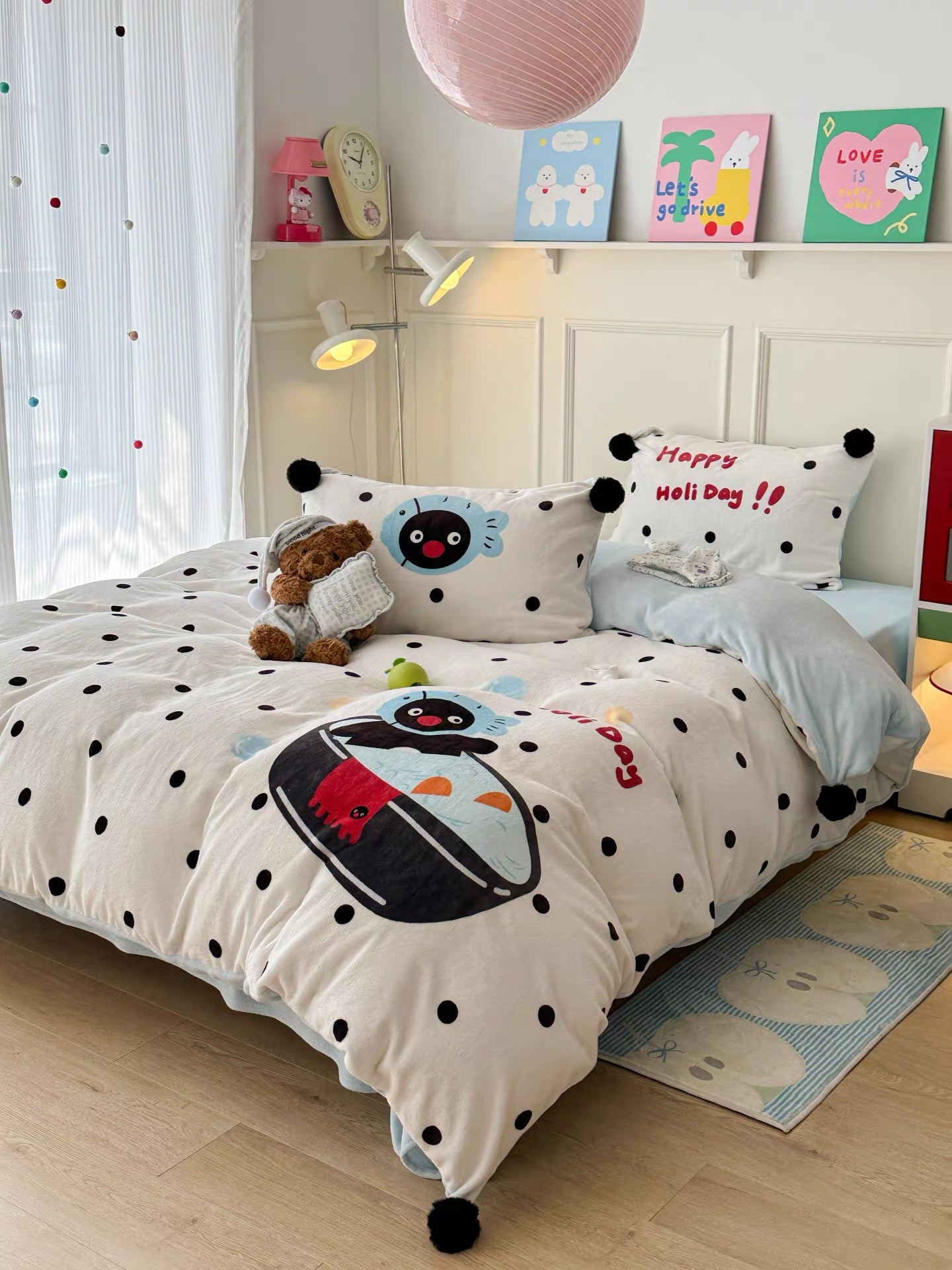 Cute penguin fleece bedding set adding warmth and charm to cozy winter room