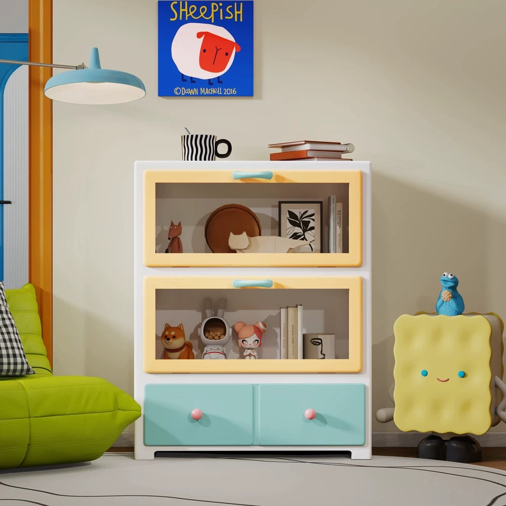 Cute dopamine pink cabinet offering display and storage for toys figurines and collectibles in rooms