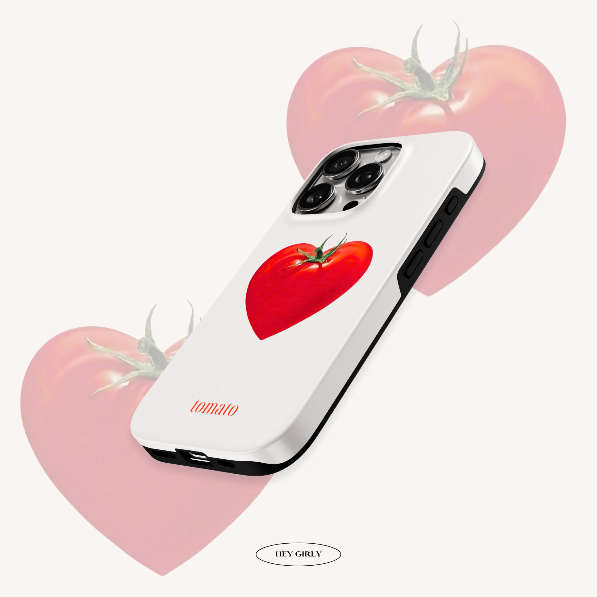 Phone case with a heart-shaped tomato design on a white background