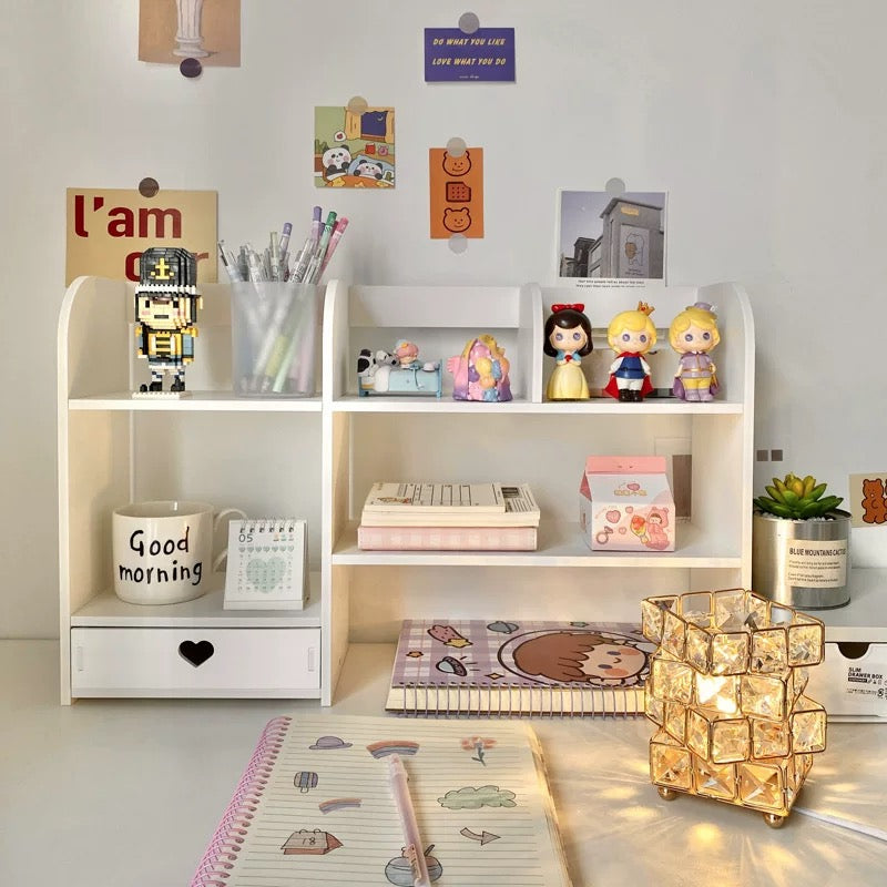 White rubber desk shelf with double layers, perfect for organizing and decorating your study or workspace