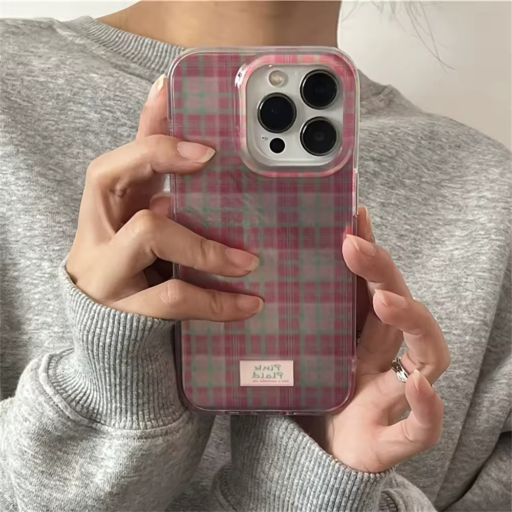 Retro grid iPhone case with a cute pink plaid aesthetic design