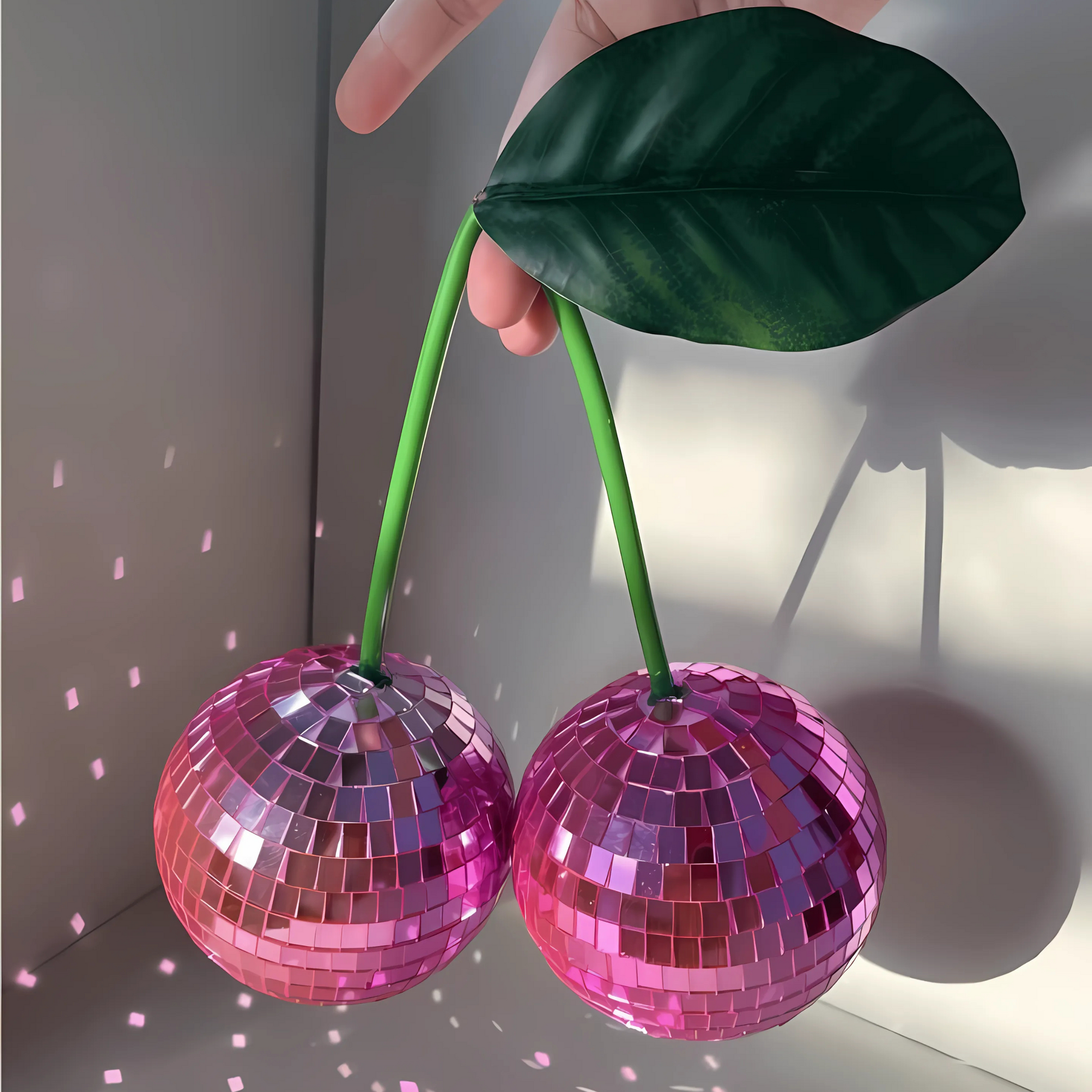 Cherry mirrorball on vanity next to makeup & candles