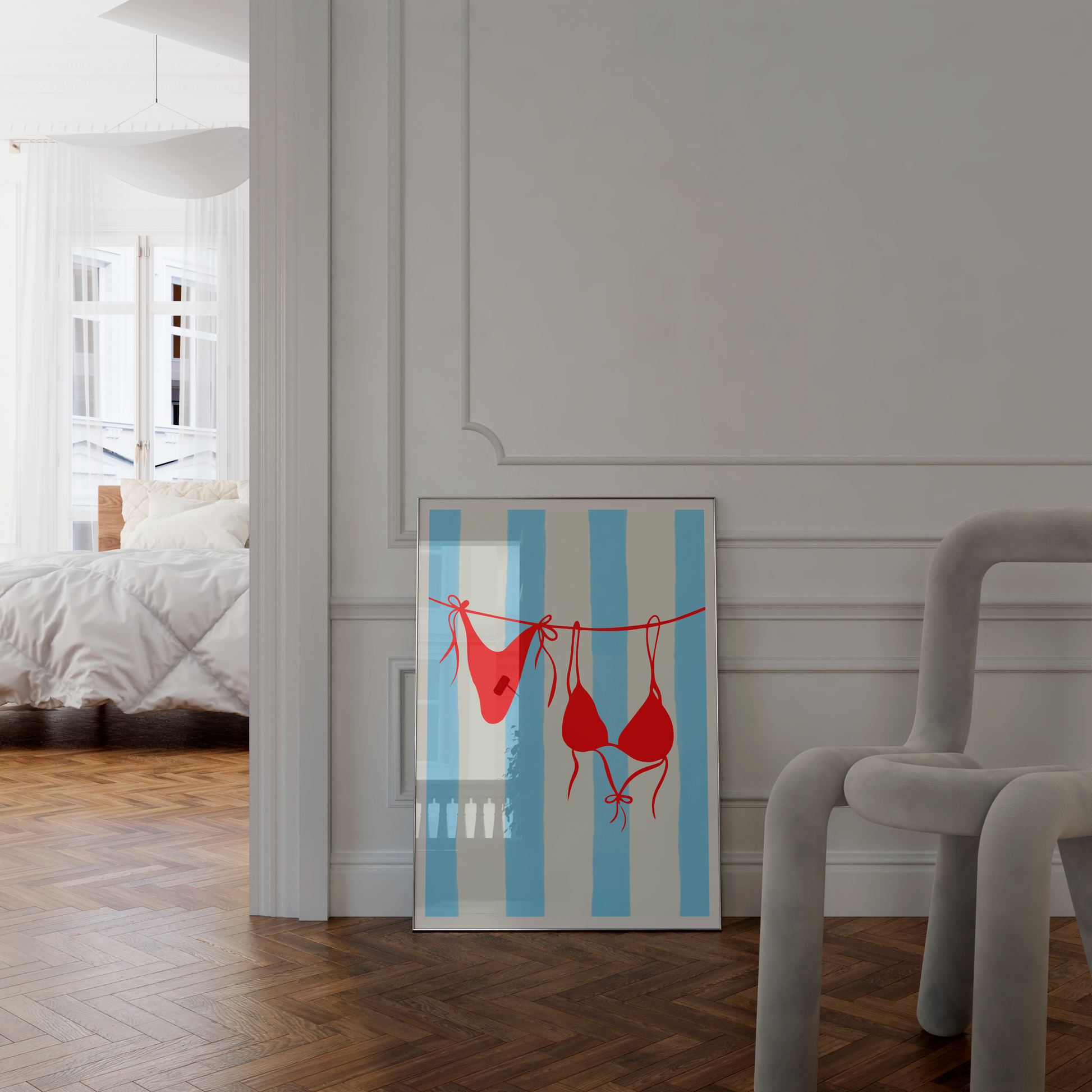 Playful coastal fish print in minimalist retro style, great for dopamine-inspired wall setups.