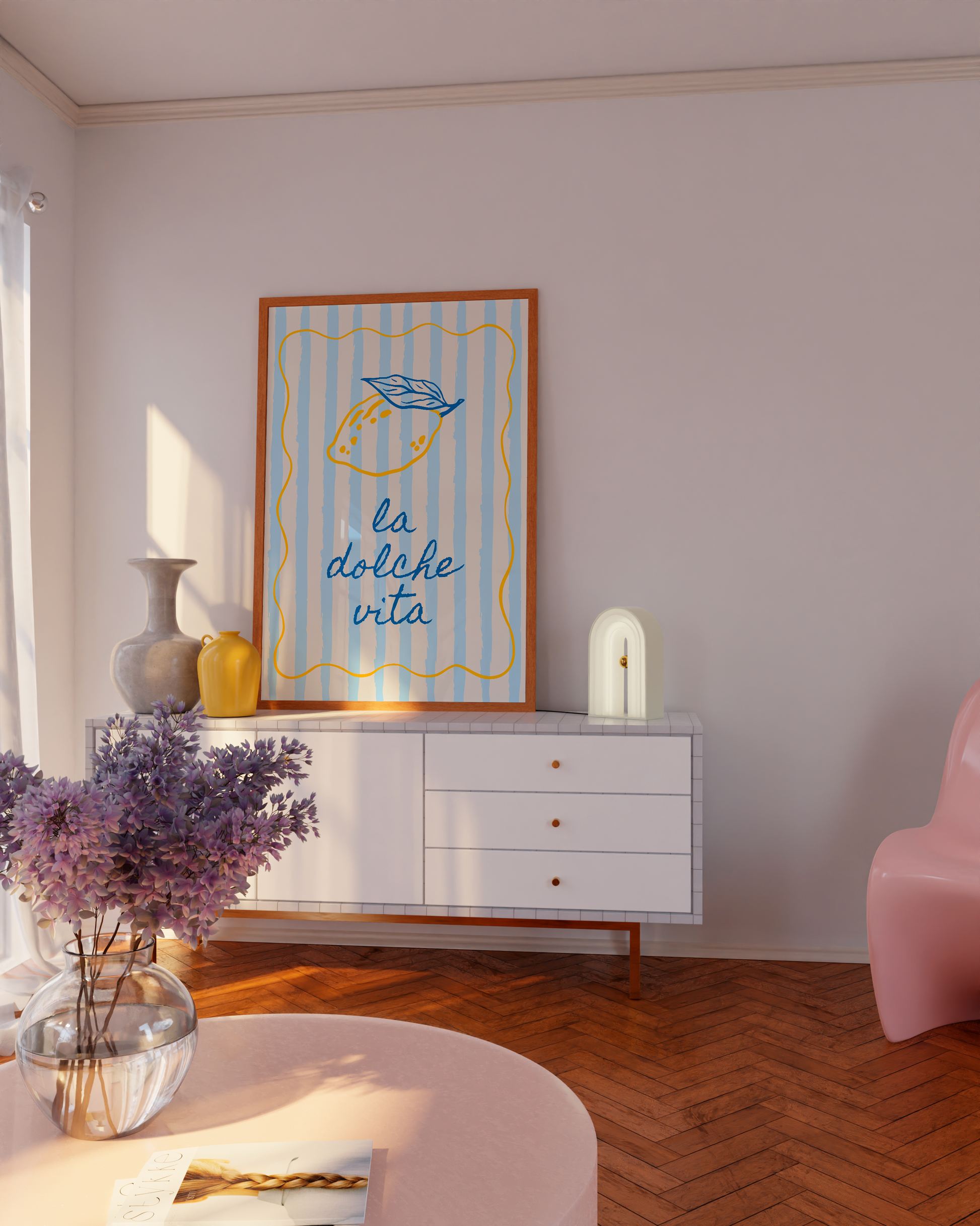 Colorful wall print with “Ciao Bella” text, perfect for kitchen or gallery wall