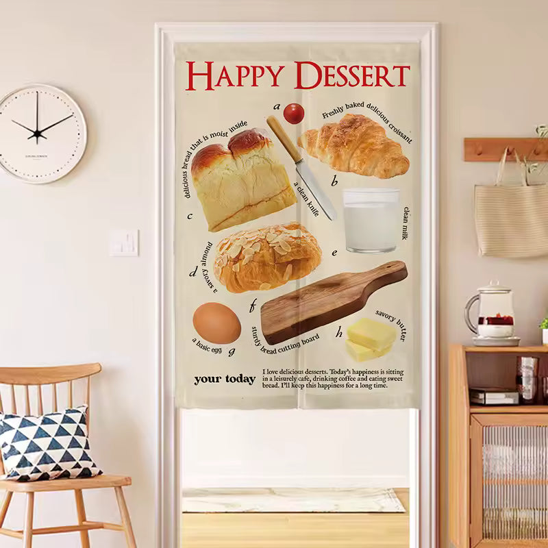 Decorative door with 'Happy Dessert' design featuring food illustrations and text.