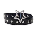 Black leather belt with star-shaped buckle and star studs on a white background