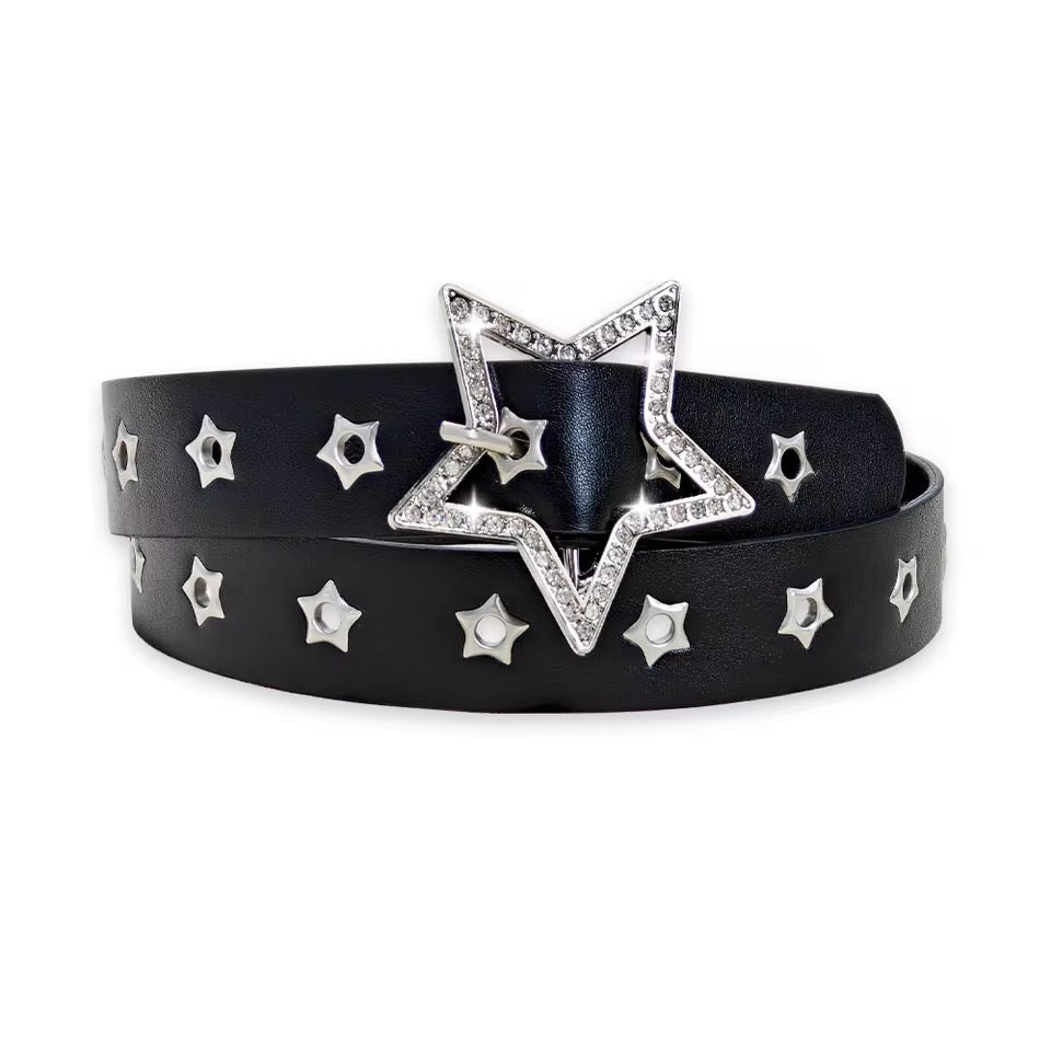 Black leather belt with star-shaped buckle and star studs on a white background
