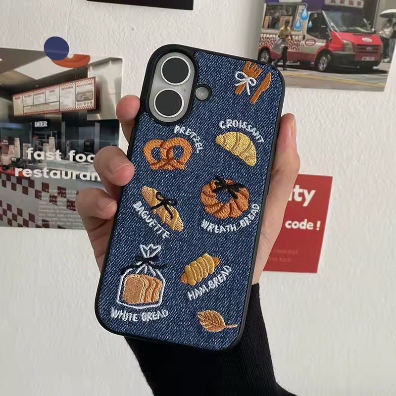Cute toast and bread embroidery on fabric phone case