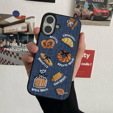 Cute toast and bread embroidery on fabric phone case
