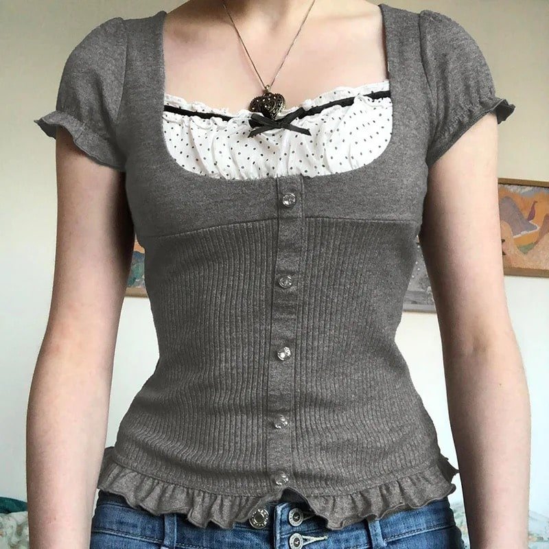 Fairycore vintage crop top with puff sleeves and slim fit. Coquette aesthetic Y2K patchwork T-shirt with knitted fabric and ruffle hem.