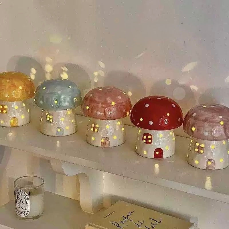 Cozy bedroom scene with pink mushroom night lamp for girls