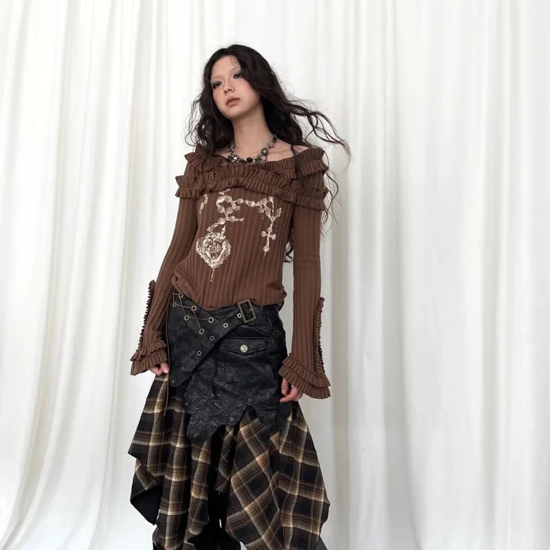 Gothic flare sleeve sweater with slash neck design. Vintage knitted crop top for women’s Y2K fashion trends.