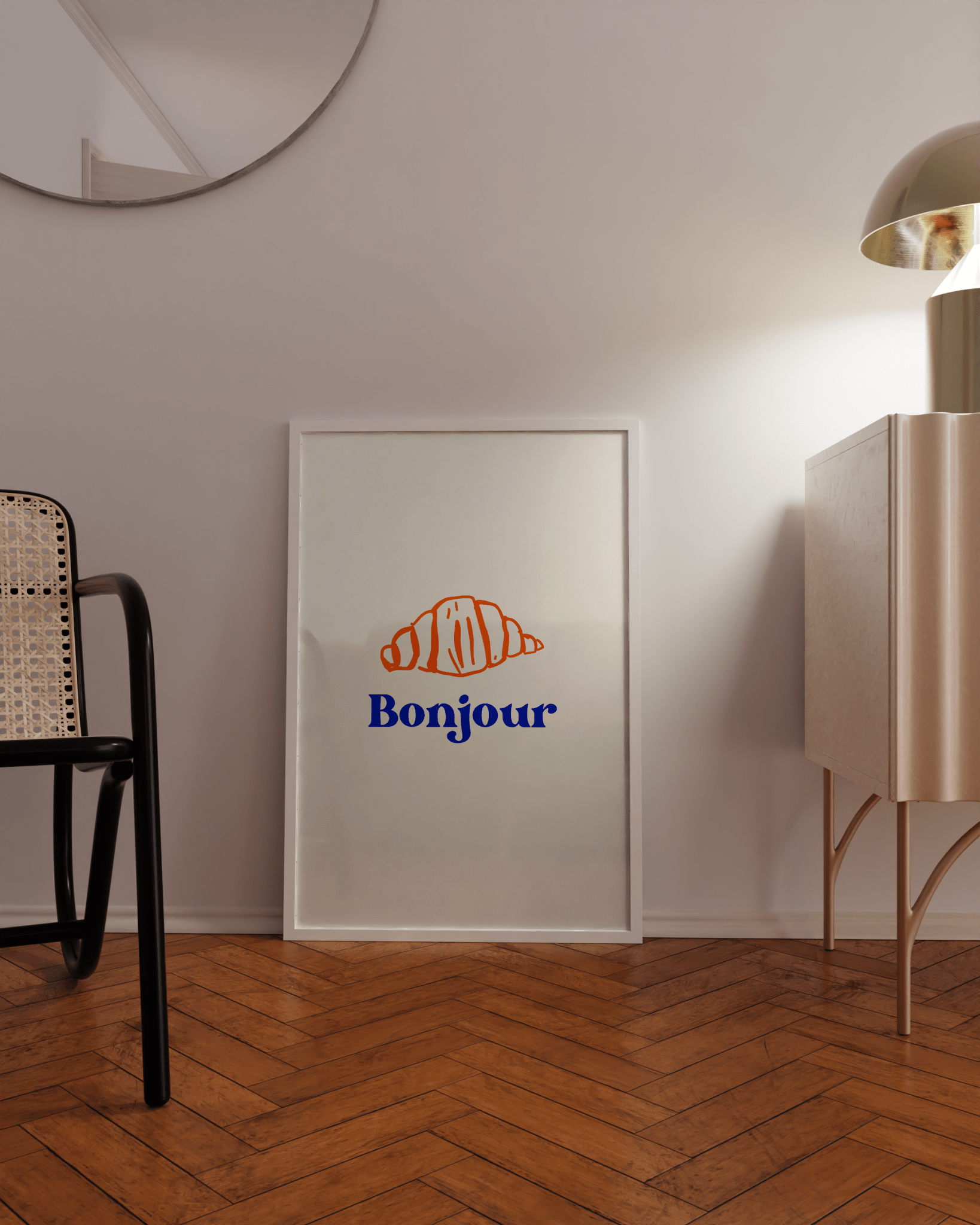 Bonjour croissant art print for cozy French bistro kitchen decor