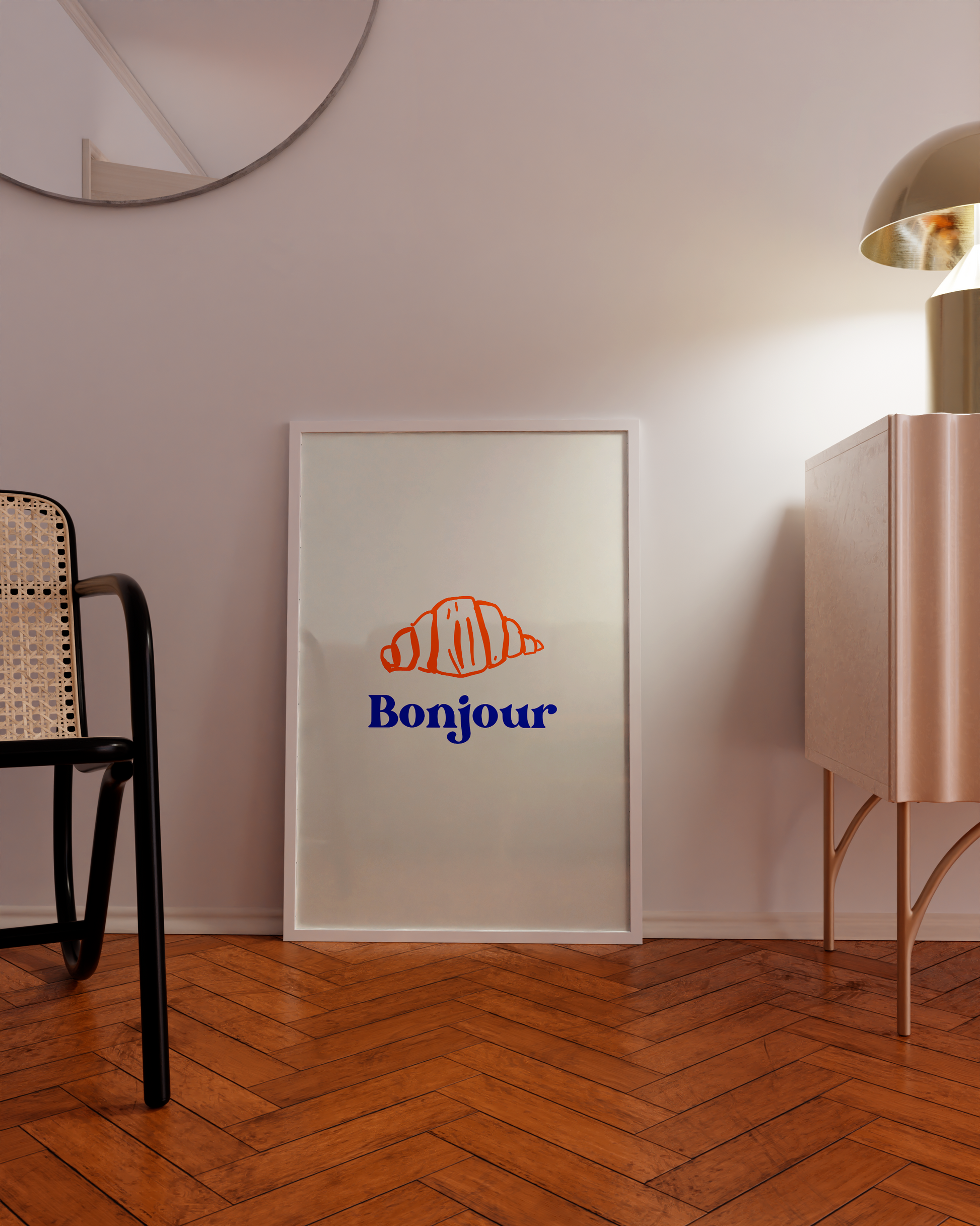 Bonjour croissant art print for cozy French bistro kitchen decor