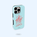 Phone case with red candle design on a light blue background