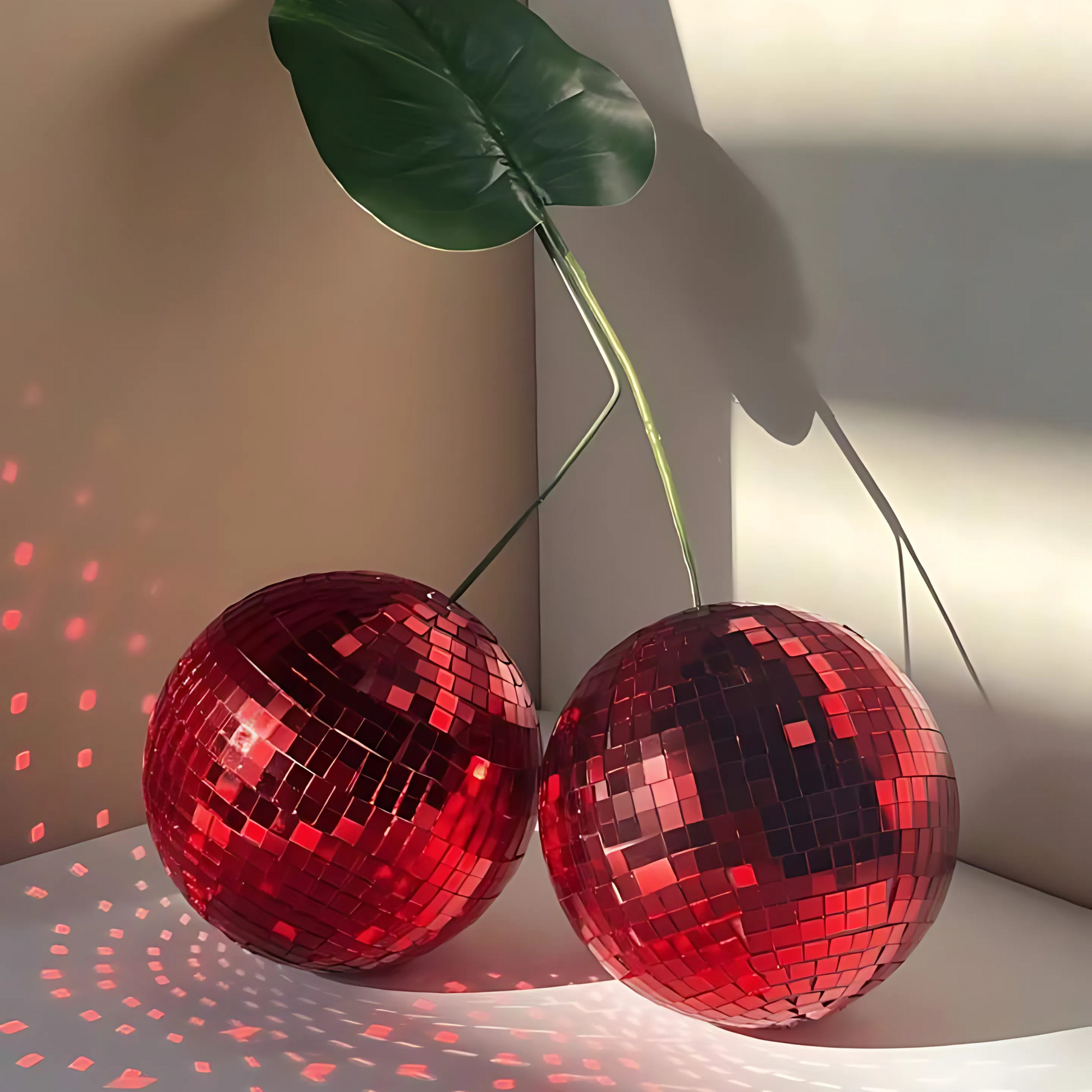 Cherry-shaped mirror tiles glowing with aesthetic light